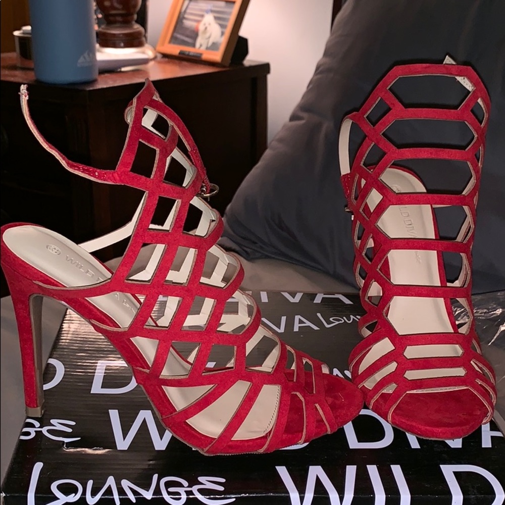 Red suede open heels